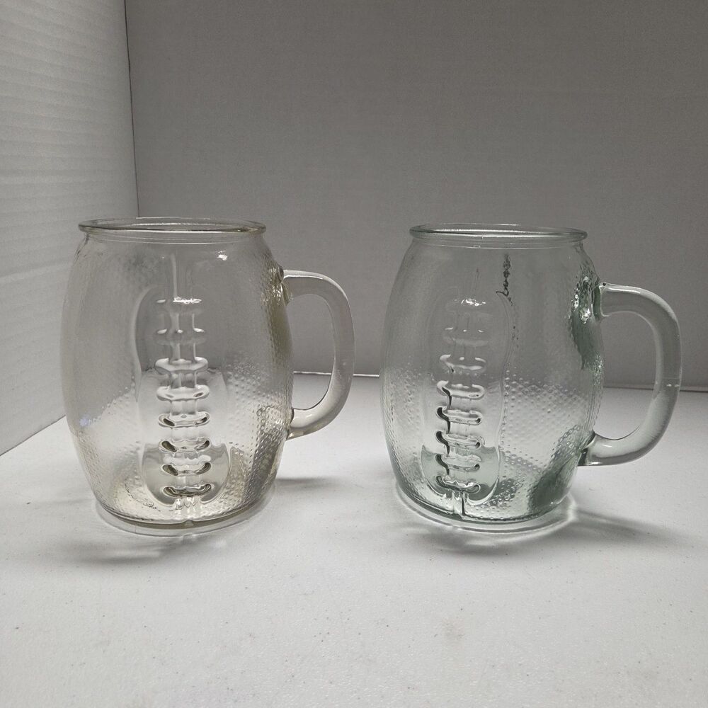 2 Football Shaped X-Large Beer Mugs With Handle One Green Tint One Brown Tint
